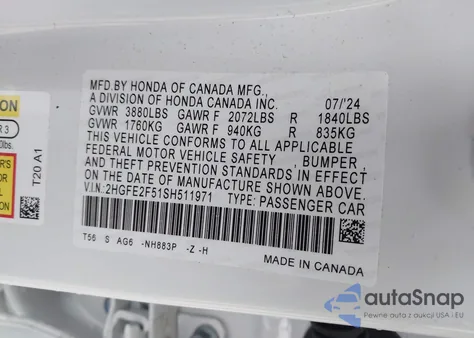 2025 Honda Civic Sport z USA, uszkodzony, nr VIN 2HGFE2F51SH511971